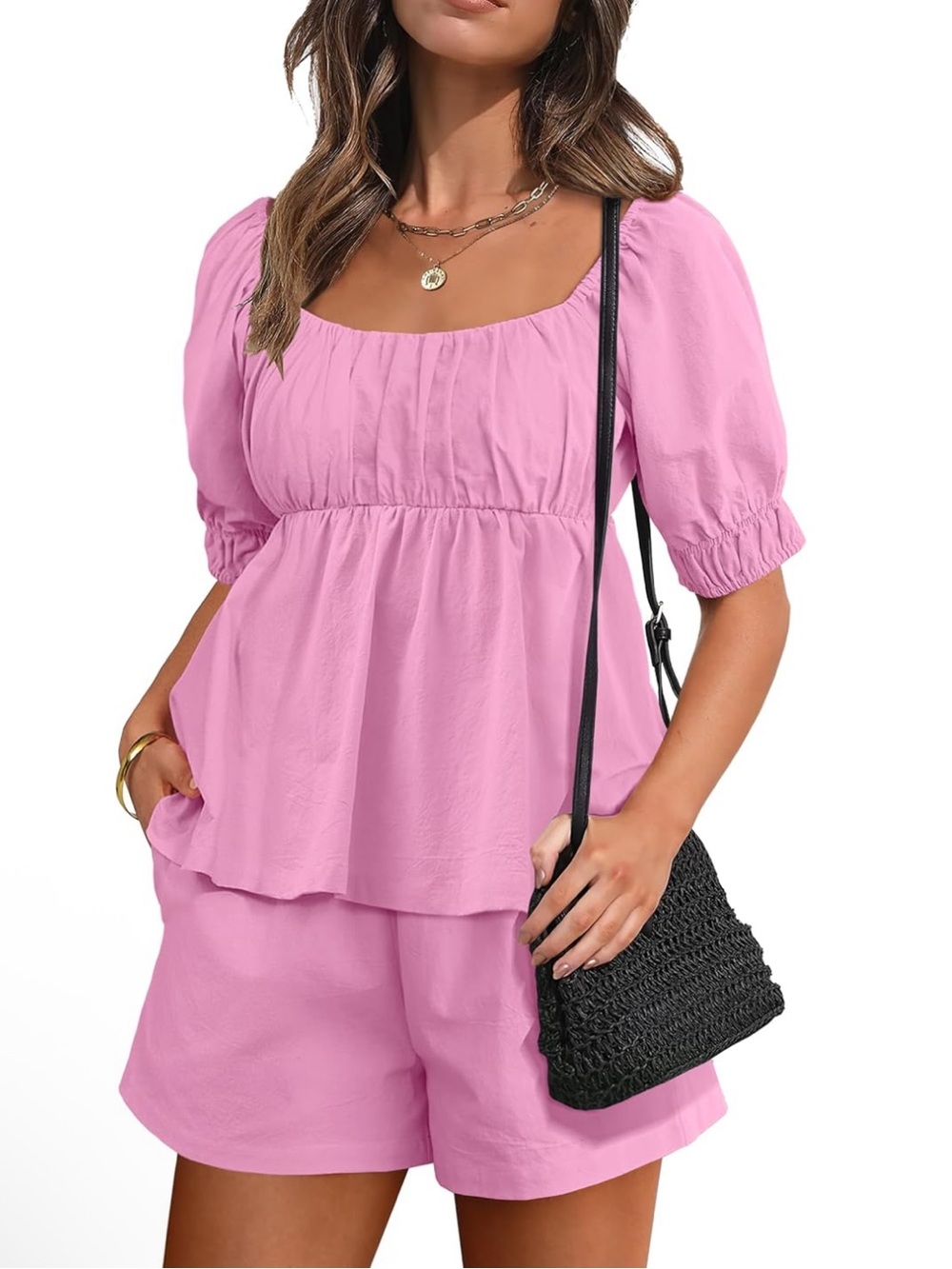 NWT Pink 2 Piece Matching Set Puff Sleeve Babydoll Top & Shorts Size M